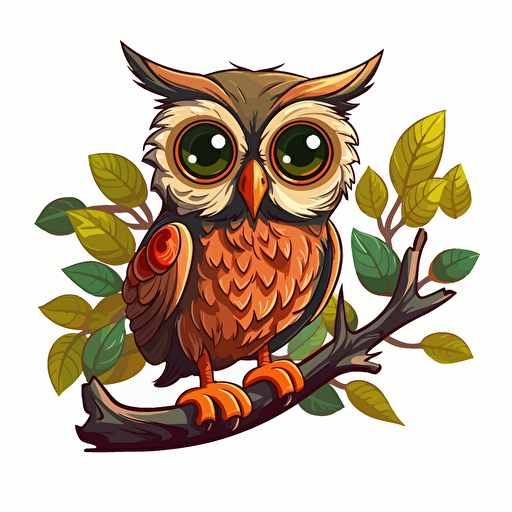 A delightful cartoon owl on a branch, showcasing a wide-eyed and curious owl perched on a branch with leaves, Artwork, vector illustration,