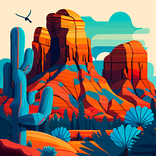 detailed flat vector image of the buttes in sedona, high resolution, stylistic collage
