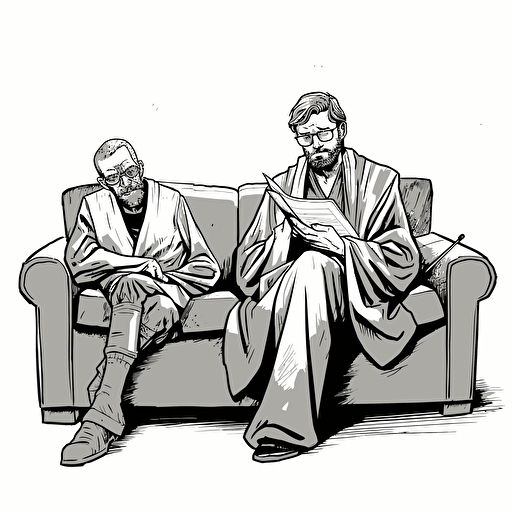 luke skywaker in jedi robes holding a lightsaber, lying on a psychiatrists couch looking worried and confused. as a psychiatrist wearing a suit and wearing glasses, writing in a notebook, is sat opposite in a big leather chair, comic book style vector drawing white background