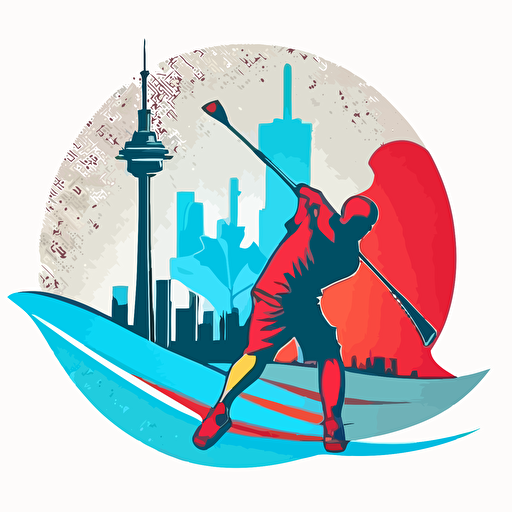 a flat vector logo of of a golfer swinging, the left side of the background is the CN Tower and the right side of the background is Niagara, blue and red colors, no text