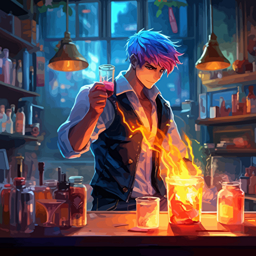 an anime extremely detail bartender guy with an amazing uniform very fashionable doing some drinks with fire, vibrant colors, hyper resolution vector fantasy ar v5 3:6