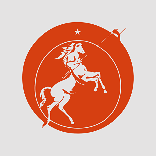 round logo of sagittarius. vector, flat, vermilion, simple, white clean backgound