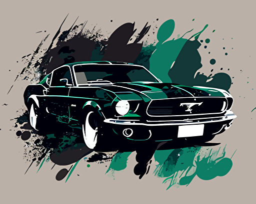 vector image of a ford mustang on a minimal background with a splash of dark green but the car is black