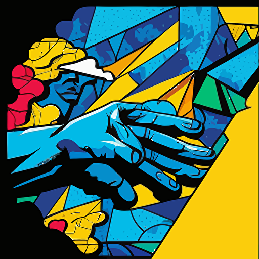 a captivating vector illustration in the profile position, reminiscent of Michelangelo's iconic "Creation of Adam," focusing on the hands. Style in a modern and dynamic composition, in the style of Romero Britto, with vivid blue and yellow tones contrasted with dark black tones.