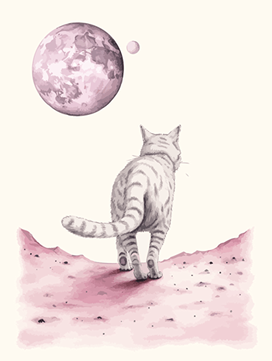 a cat walking on the moon, colored , water pencil, vector art, detailed, white background