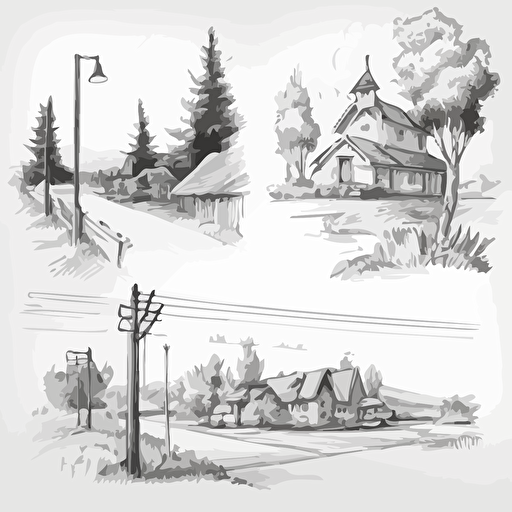 full page sketch illustration vector of 3 rural street landscapes