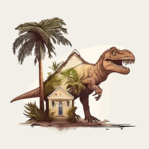 a one story house with some palm trees in the front and the top half of a t-rex coming out of the roof with a white background, cartoon vector style