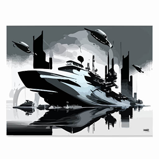 Small, futuristic vessels departing from the port, Blue Black and white, Vector and oil paint poster art,