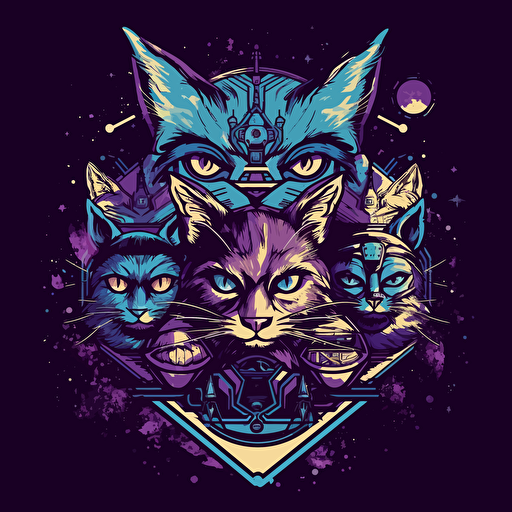 logo design of a group of historical based anthromoporphic cats dressed in sci-fi battle gear with spaceships and planets behind them, 2d, purple and blue colors, vector