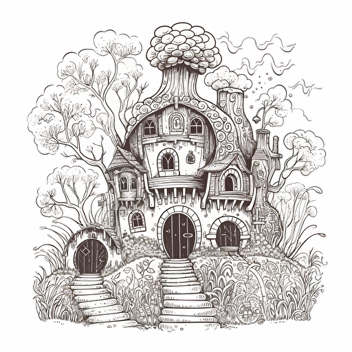 tall whimsical black and white medieval hobbit house, in flat 2d vector style, no perspective johanna basford style, 4d91006c-2d9f-4a11-be13-7dac0aa6d6a6 3e7ef00b-9260-48ad-9517-00d678433fee v5.1