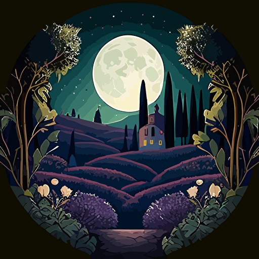 full moon shining over traditional Tuscany countryside serene garden in Gothic, Romanesque, Renaissance style vector art