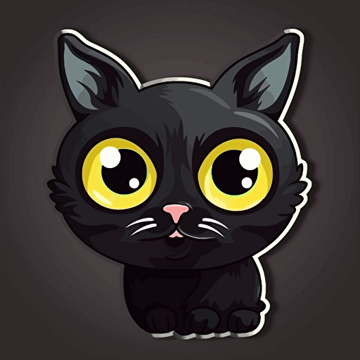 a cute black cat, sticker, white liner, vector, big eyes