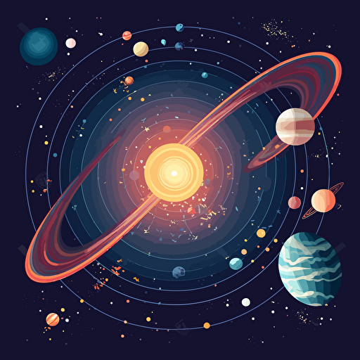 a foriegn and unexplored galaxy with unique planets rotating around a sun, viewed from outerspace with a cute space shuttle coming into orbit, vector illustration