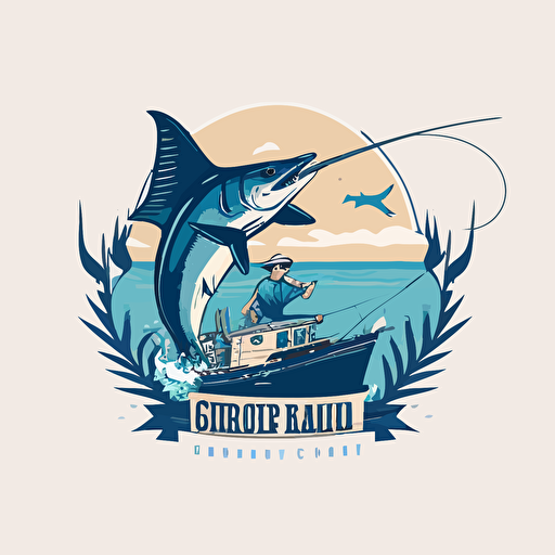 Logo design for an offshore fishing and scenic boat rides with a cowboy riding a blue marlin on the ocean, minimalist, flat, vector, 2D