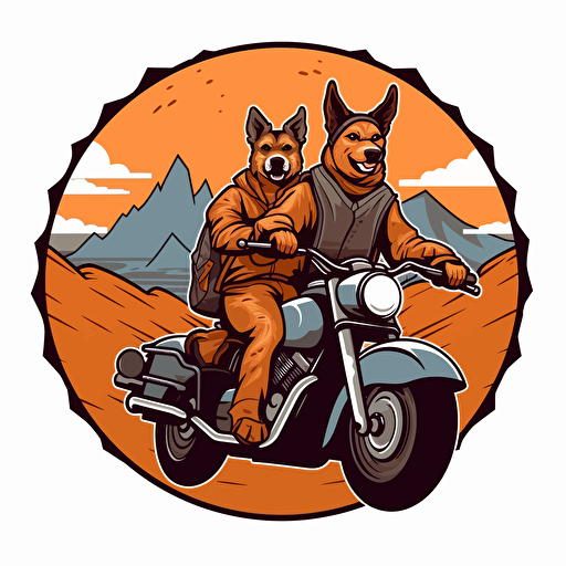 Vector illustration logo of an Australian cattle dog riding an adventure motorcycle with his friend who is a goose riding on the fuel tank pointing the direction forward with his wing as they head out on adventures together. The background has the shape of mountains.