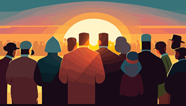 WIDE ANGLE shot perspective. Vector Art, A SMALL GROUP of modern day Christians of all ages, have gathered casually to pray together as the sun goes down, The Sun is starting to set on this warm summer day on the distant horizon in the background of the image. The people are attired for the summer. They are huddled together, praying arm in arm with their heads bowed, The are facing the beautiful sun as it begins to set on the distant horizon. Soft, richly colored image.