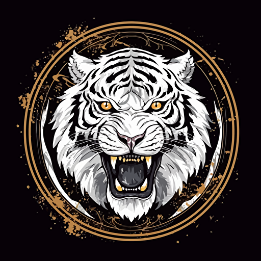 white tiger with gold tooth. Flexing biceps. Oval frame. Highly detailed. Vector image. Drawing. Paint splatter. Drips. Black background