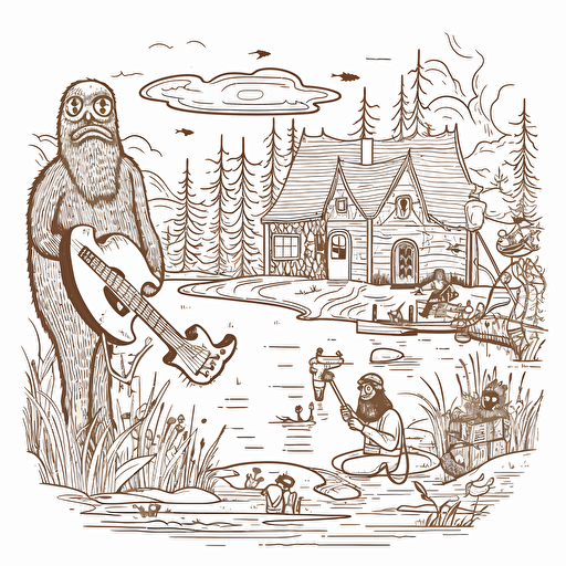 family vacation outside lake house, sasquatch and magic mushrooms in the background, one person fishing, one person playing banjo, cartoon style, vector illustration, outline
