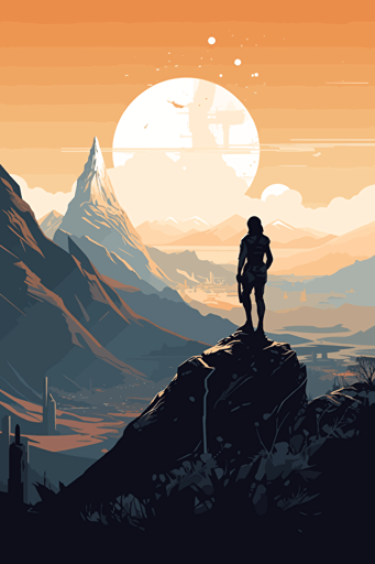movie poster, fantasy and science fiction, female hero, city, mountains, drama, minimalistic vector art,