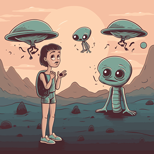 a young girl on a foreign planet talking to friendly aliens. Vector illustration.