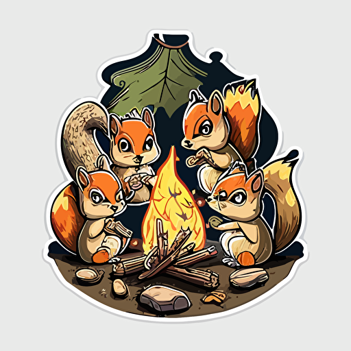 cute cartoon squirrels gathered around campfire vector art sticker