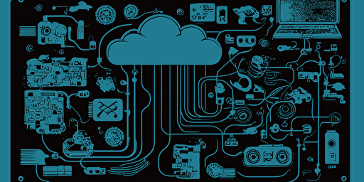 vector minimalistic illustration, networking cloud electronic board IoT internet of things embedded systems, all connected, light blue and black,