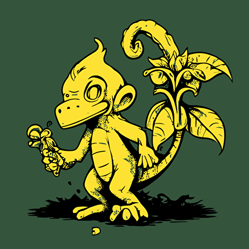 an anthropomorphic banana who is eating a monkey-plant hybrid, vector art ,