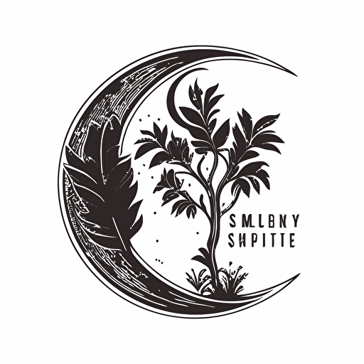 A logo for a bookstore with crescent moon and a plant , extreme simplify design sketch, symbol , vector style, on a plain white background