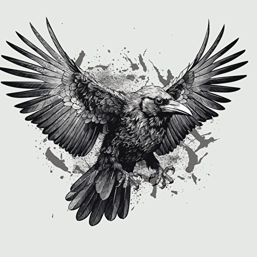 vector art wideframe highly detailed flying crow with expanded wings top perspective white background gray scale
