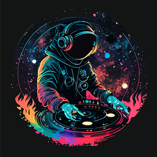 a dj astronaut with a galaxy pattern vinyl record on black background, 2d vector
