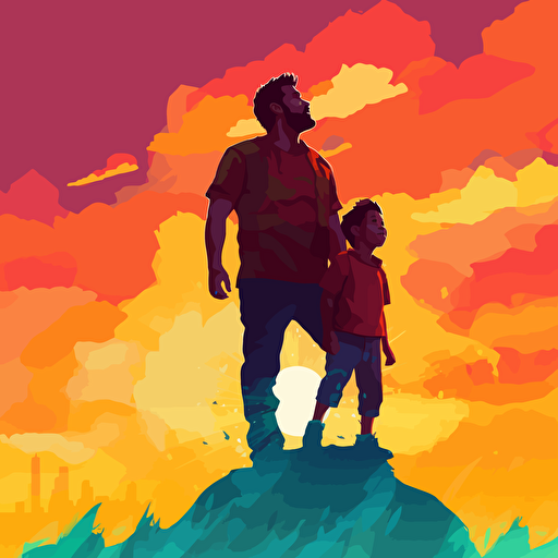 vector art, silouhette, a little boy sitting on his dad's shoulders, fun colors and kid friendly vibes.