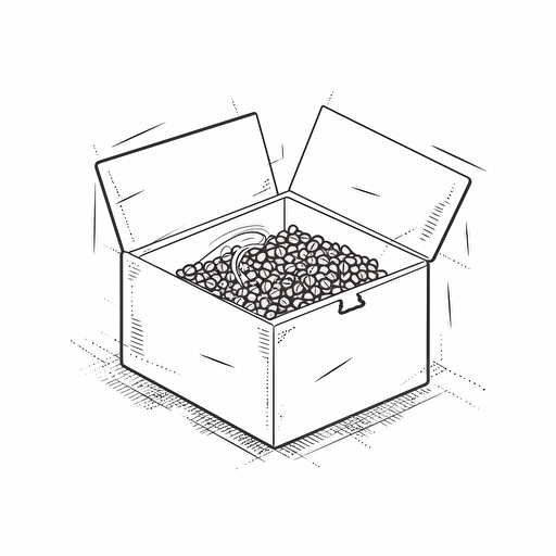 Open box with coffee beans inside, white background, line drawing illustration, vector, simple, minimalist
