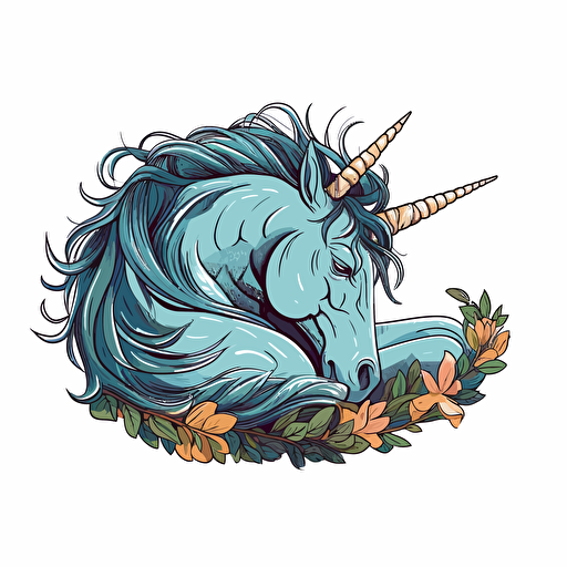 A sleeping unicorn, Sticker, Lovely, Dark, Digital Art, Contour, Vector, White Background, Detailed