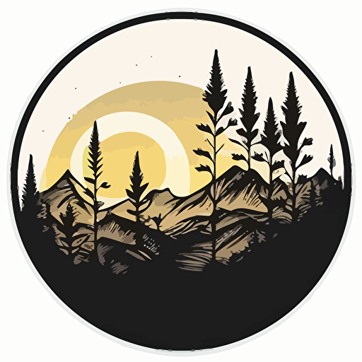 sticker, minimalistic circle mountain silhouette, woodsy, contour, vector, white background