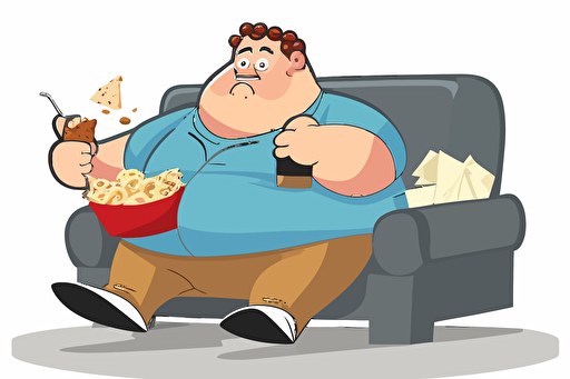 a cartoon vector on a white background of a man very comfortable and relaxed with a fat belly lying on a sofa eating a packet of crisps