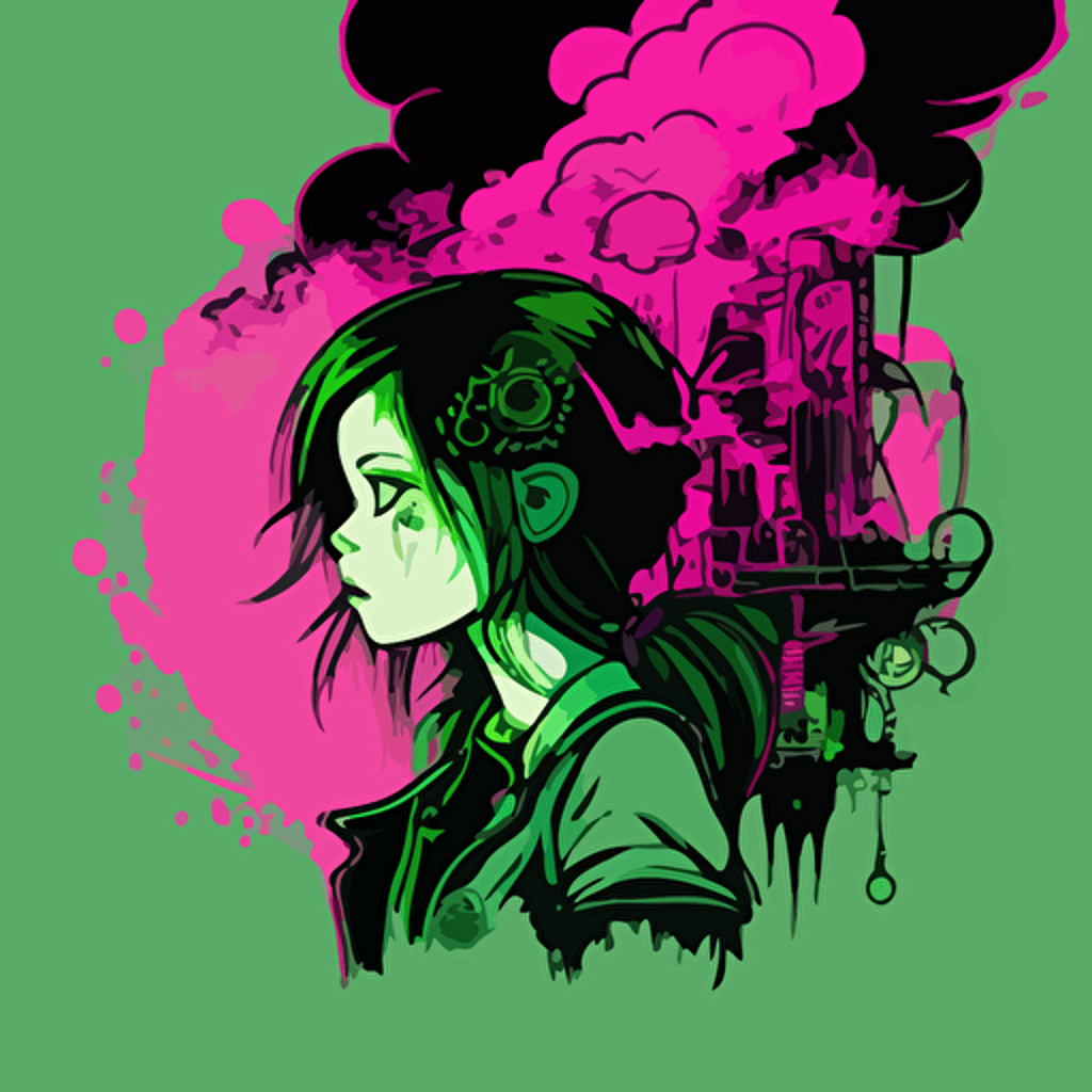vector,pink,light green,depressed,curious girl smoking an steam punk Cgar