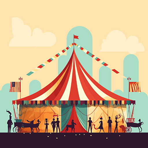 simple flat illustration of a circus tent at a fair with a ride in the background, a few silhouettes out front, simple vector image