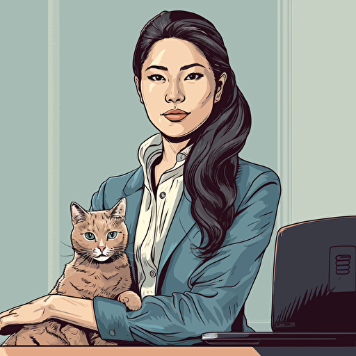 vector art style, 28 year old asian female executive, holding a cat, in the style of Michael Parks