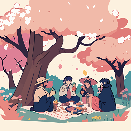 Drawing from the Japanese tradition of hanami, design a vector illustration of Satoshi Nakamoto and his friends enjoying a picnic under blooming cherry blossom trees in a picturesque park. Set the scene during a beautiful spring day.