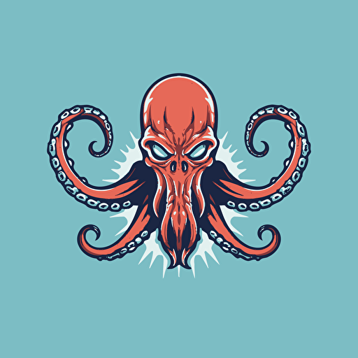 logo style vector image of an angry octopus in animation style, the octopus is attacking to the right with a trident