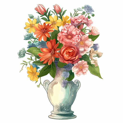 vase of flowers, detailed, cartoon style, 2d watercolor clipart vector, creative and imaginative, hd, white background