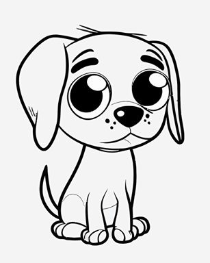 kids coloring page, cute happy dog, big cute eyes, pixar style, simple outline, coloring page, black and white, comic book flat vector, white background