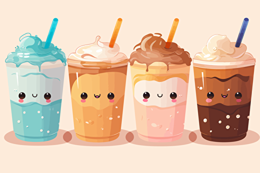 4 takeaway coffees in spring style, including iced coffee, frappuchino, vector sticker, transparent background, kawaii pixar cartoon but without faces, high resolution