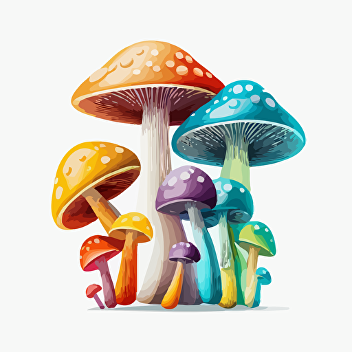 illustrated group of mushrooms, magical, vector art, morandi colours, isolated white background