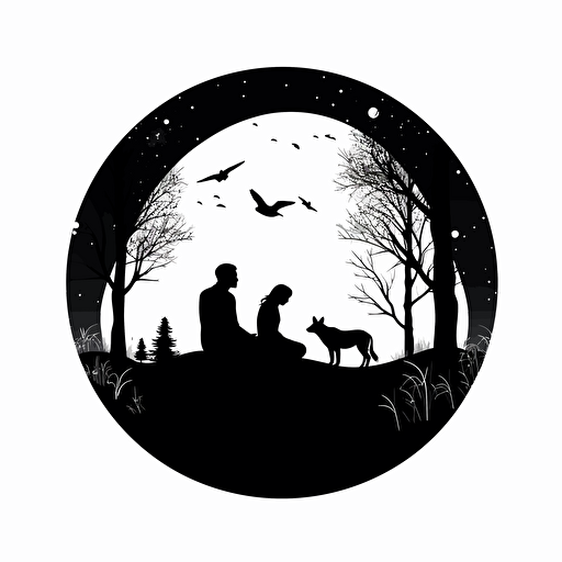 Enchanting logo of a couple stargazing in a tent surrounded by animals, in a minimal and elegant silhouette style. The logo has a white background in vector format