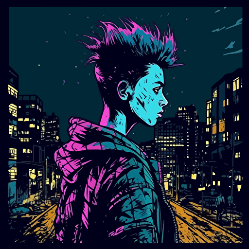 Depressed punk in city at night,Horror, Sticker, 80s horror comic art, Vector,
