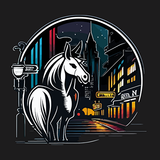 unicorn working as a bouncer in front of a night club in the bad part of city, vector logo, vector art, emblem, simple cartoon, 2d, no text, white background