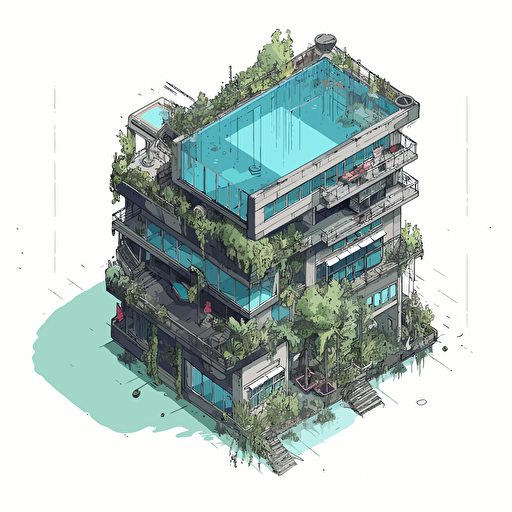 vector, ecopunk, building with a pool