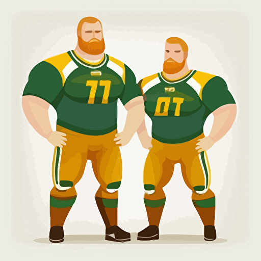 two brothers, Brozen Tundra, looking tough,champions, wearing green and yellow, wearing an oblong brown football, sports logo style, white background, vector