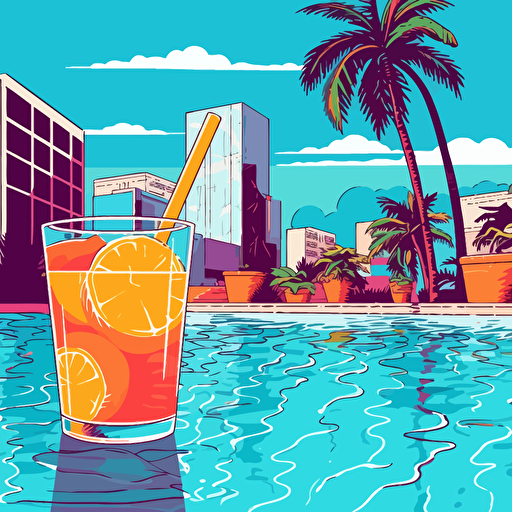80's, poolside, city pop, palm trees, California, cocktails, vector art